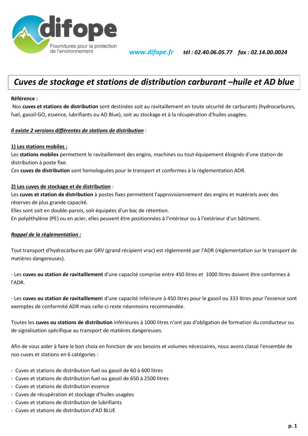 Cuves de stockage et stations de distribution carburant &ndash;huile et AD blue - DIFOPE