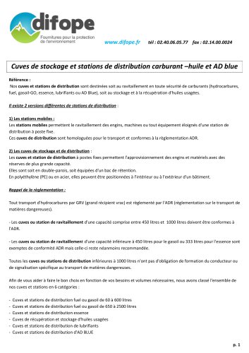 Cuves de stockage et stations de distribution carburant –huile et AD blue