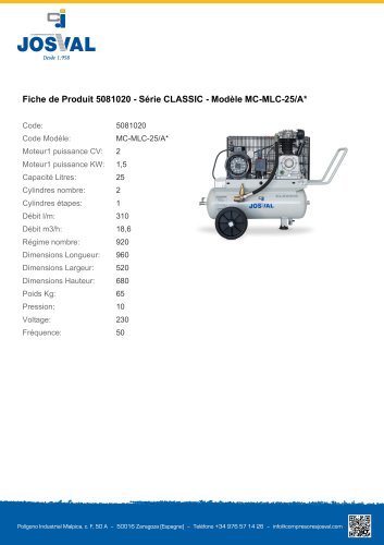 Fiche de Produit 5081020 - Série CLASSIC - Modèle MC-MLC-25/A*