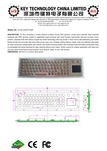 metal industrial keyboard K-TEK-A392TP-DWP data sheet