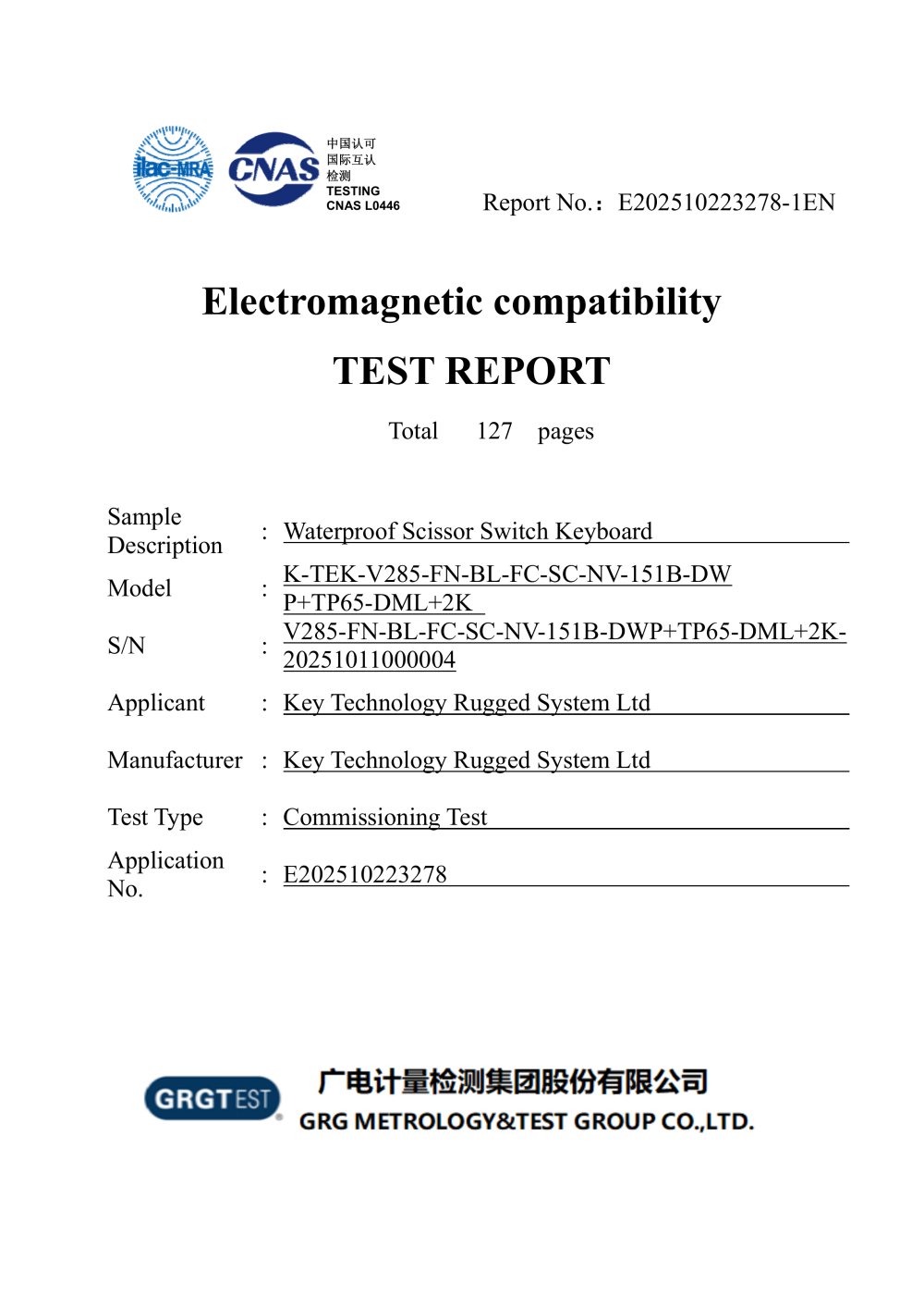 Scissor Switch Keyboard - GJB151B-2013 & MIL-STD-461G Test Report - Key Technology China Limited