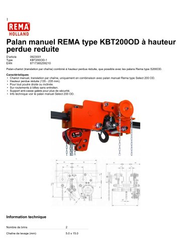 Palan manuel REMA type KBT200OD à hauteur perdue reduite