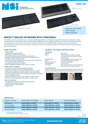 Backlit sealed keyboard with trackball - panel mount
