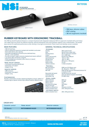 Silicone rubber keyboard with ergonomic trackball - Panel mount