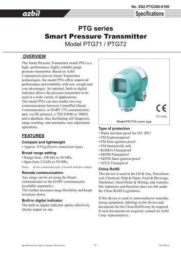 PTG Series Smart Pressure Transmitters