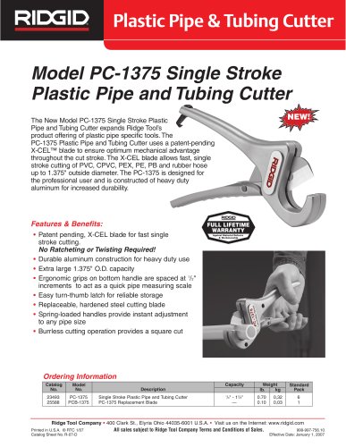 MODEL PC-1375 PLASTIC PIPE & TUBING CUTTER