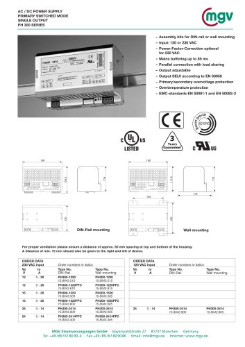 AC / DC POWER SUPPLY PRIMARY SWITCHED MODE SINGLE OUTPUT PH 300 SERIES