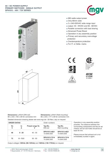 AC / DC POWER SUPPLY PRIMARY SWITCHED Single Output SPH 1013 48V - 72V