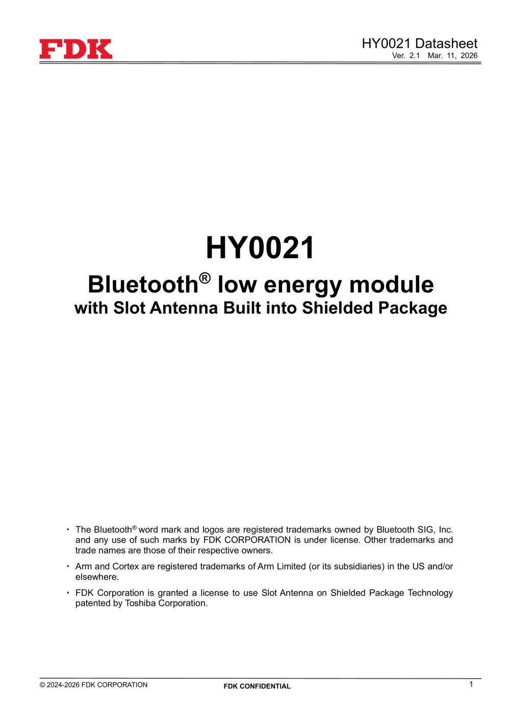 Bluetooth&reg; low energy module Datasheet HY0021 - FDK