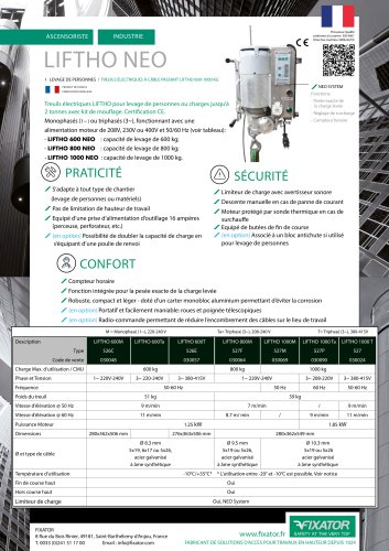 LIFTHO NEO treuil électrique ascensoriste CMU 600kg 800kg 1000kg