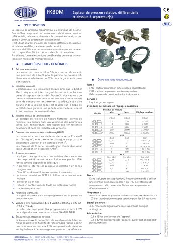 FKBDM - Capteur de pression relative, différentielle et absolue à séparateur(s)