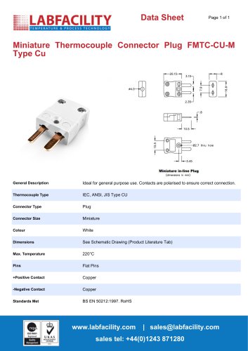 Miniature Thermocouple Connector Plug FMTC-CU-M Type Cu