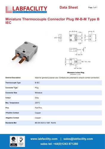 Miniature Thermocouple Connector Plug IM-B-M Type B IEC