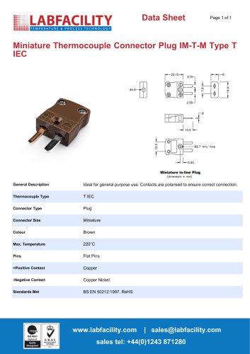 Miniature Thermocouple Connector Plug IM-T-M Type T IEC