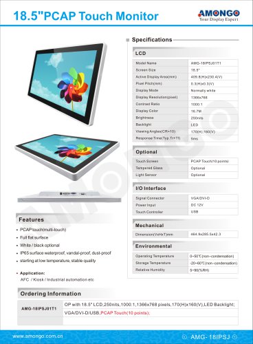 Amongo 18.5inch PCAP Touchscreen lcd monitor with IP65 waterprof, vandal-proof, dust-proof