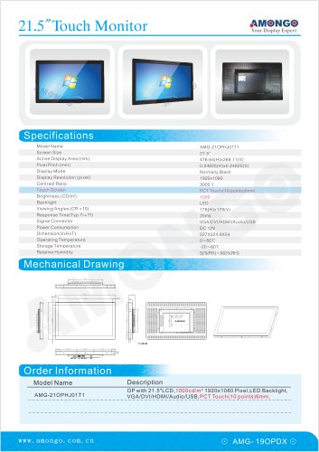 Amongo 21.5 inch full flat design front bezel open frame touch monitor (AMG-21OPHJ01T1)