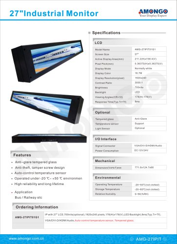 AMONGO 27" bar LCD industrial display with anti-glare tempered glass, auto-control temperature senso