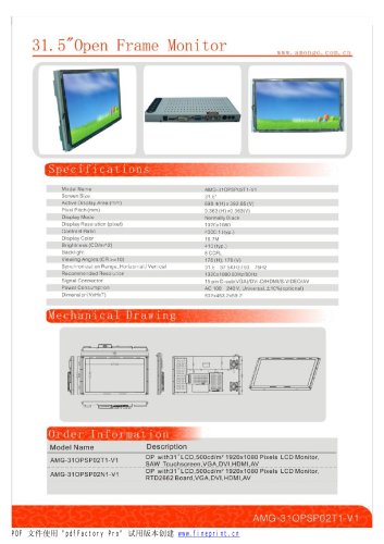 Amongo 32''Open Frame Industrial LCD Monitor with SAW touch Screen panel/AMG-31OPSP02T1-V1