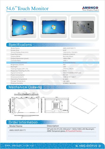 Amongo open frame touch industrial lcd monitor, 55 inch IR touch 6 points (AMG-55OPJS01T1)