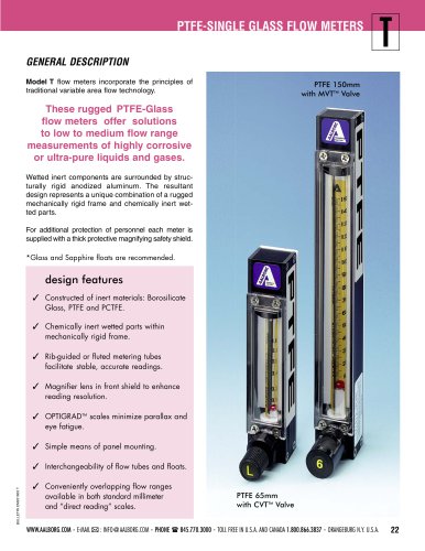 PTFE-SINGLE GLASS FLOW METERS