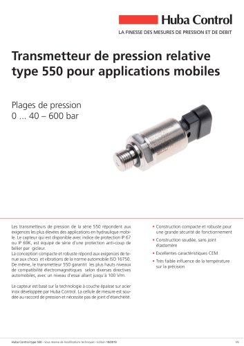 Capteur de pression 550 0 ... 40 – 600 bar