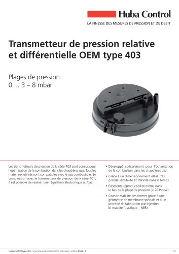 OEM Capteur de pression différentielle 403 0 ... 3 – 8 mbar