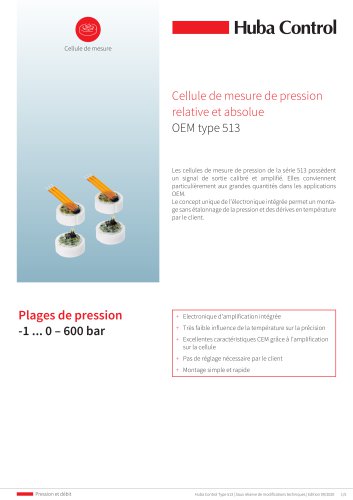 OEM Cellule de mesure de pression 513 -1 ... 0 - 600 bar