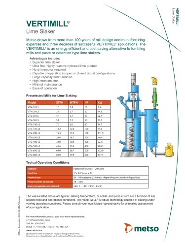 VERTIMILL® Lime Slaker Technical Sheet and Questionnaire